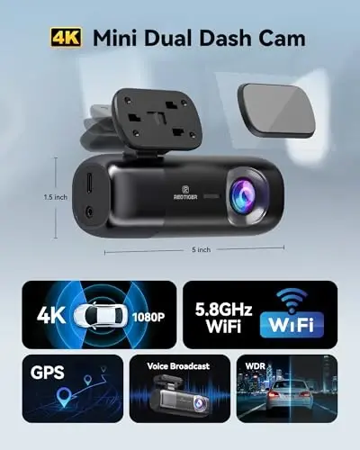 REDTIGER F9 Dash Cam 4K Front and Rear 1080P, 5.8GHz WiFi GPS Car Camera with APP Control, Dual Dash Camera for Cars, Loop Recording, WDR Night Vision, Parking Mode(SD Card Not Included) - REDTIGER (1)