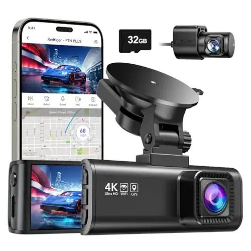 REDTIGER Dash Cam Front Rear, 4K/2.5K Full HD Dash Camera for Cars, Included 32GB Card, Built-in Wi-Fi GPS, 3.16” IPS Screen, Night Vision, 170°Wide Angle, WDR, 24H Parking Mode(F7NP) - 4