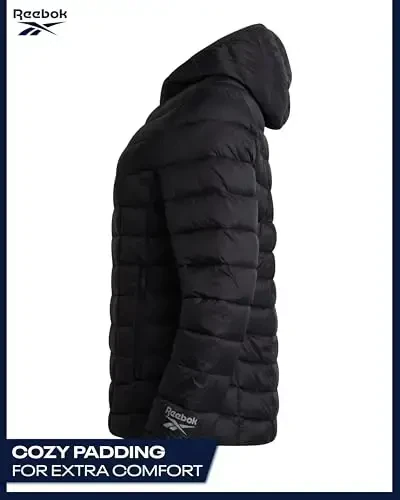 Reebok ayollar puffer kurtkasi - ob-havoga chidamli, issiq, ixcham qishki palto, tikilgan kundalik ayollar kurtkasi, o'lcham, qora siyoh - 5