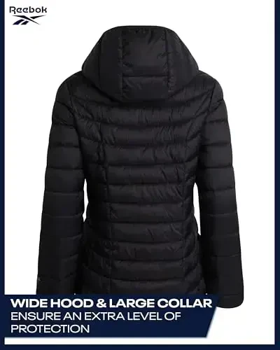 Reebok ayollar puffer kurtkasi - ob-havoga chidamli, issiq, ixcham qishki palto, tikilgan kundalik ayollar kurtkasi, o'lcham, qora siyoh - 6