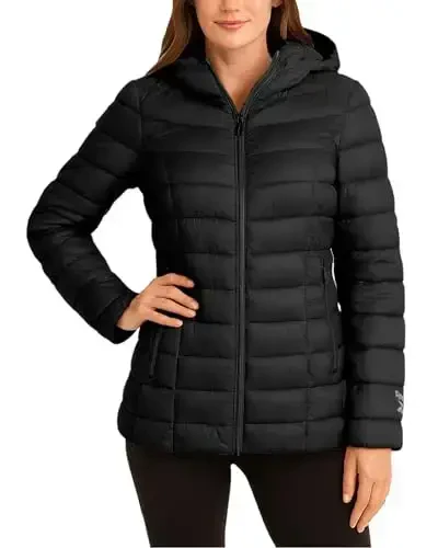 Reebok ayollar puffer kurtkasi - ob-havoga chidamli, issiq, ixcham qishki palto, tikilgan kundalik ayollar kurtkasi, o'lcham, qora siyoh - 7