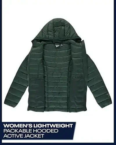 Reebok ayollar puffer kurtkasi - Yengil o'raladigan qorlik muzlik qalqoni tikilgan qishki palto ayollar uchun kaput va fermuarli cho'ntaklar bilan - 3