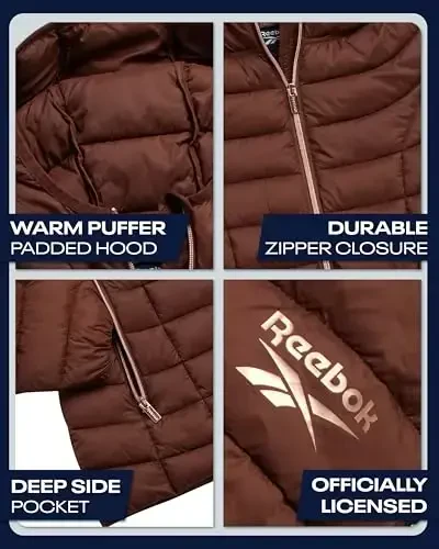 Reebok ayollar puffer kurtkasi - Yengil qadoqlanadigan qorlik muzlik qalqoni kapushon va fermuar cho'ntaklari bilan ayollar uchun qishki palto - REEBOK (1)
