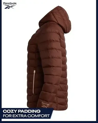 Reebok ayollar puffer kurtkasi - Yengil qadoqlanadigan qorlik muzlik qalqoni kapushon va fermuar cho'ntaklari bilan ayollar uchun qishki palto - 5