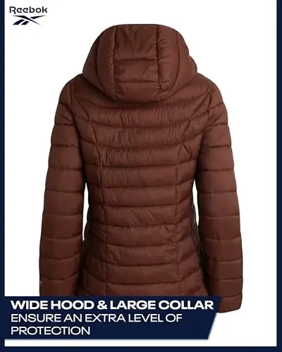 Reebok ayollar puffer kurtkasi - Yengil qadoqlanadigan qorlik muzlik qalqoni kapushon va fermuar cho'ntaklari bilan ayollar uchun qishki palto - 6