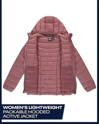 Reebok ayollar puffer kurtkasi - Yengil qavatli qor muzligi qalqoni fermuarli pufak qishki palto ayollar uchun kaput va cho'ntaklar bilan - 3