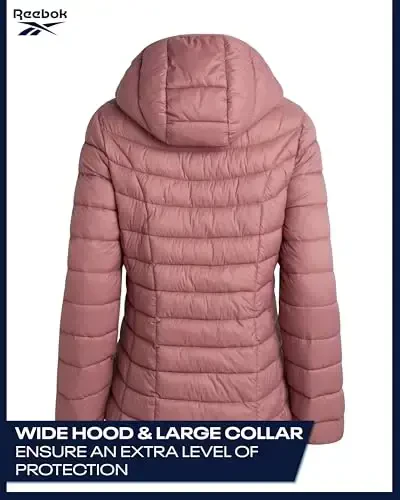 Reebok ayollar puffer kurtkasi - Yengil qavatli qor muzligi qalqoni fermuarli pufak qishki palto ayollar uchun kaput va cho'ntaklar bilan - 6