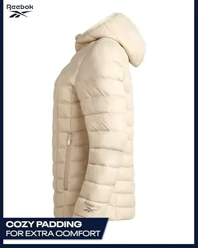 Reebok ayollar uchun puffer kurtkasi - Yengil kaplamali qorlik muzlik qalqoni fermuarli pufak qishki palto ayollar uchun kaput va cho'ntaklar bilan - 5