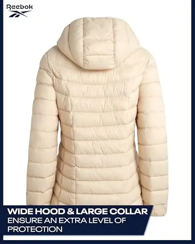 Reebok ayollar uchun puffer kurtkasi - Yengil kaplamali qorlik muzlik qalqoni fermuarli pufak qishki palto ayollar uchun kaput va cho'ntaklar bilan - 6