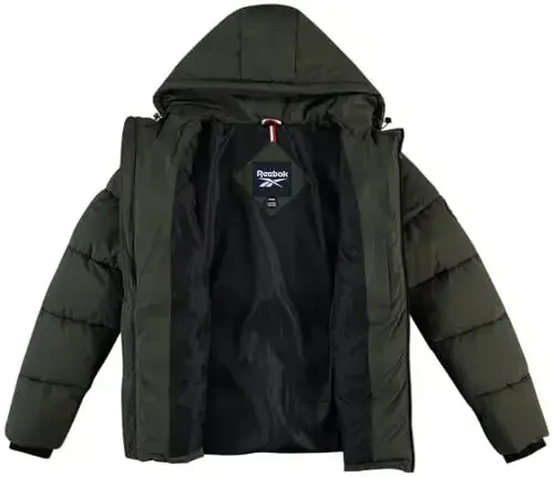 Reebok erkaklar kurtkasi - Erkaklar uchun ob-havoga chidamli qishki kurtkalar Kapüşon va cho'ntaklar bilan tikilgan iliq palto puffer kurtkasi - 2