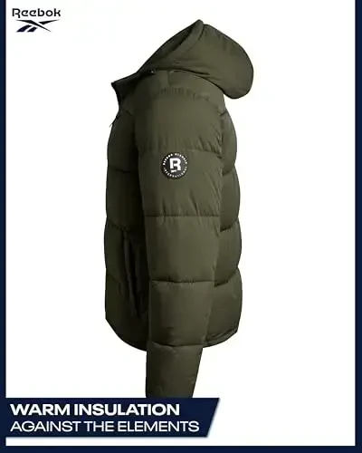 Reebok erkaklar kurtkasi - Ob-havoga chidamli erkaklar uchun qishki kurtkalar Kapushon va cho'ntaklar bilan tikilgan iliq palto puffer kurtka - 5