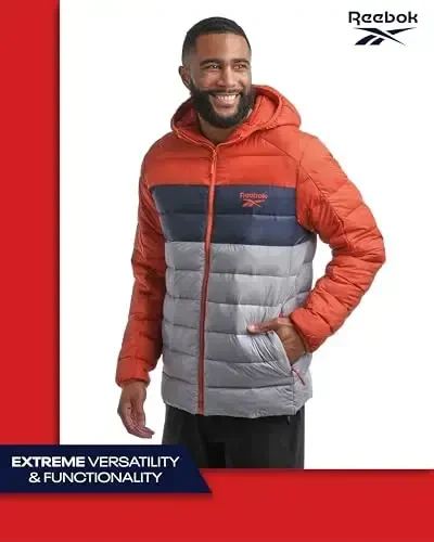 Reebok erkaklar kurtkasi – Yengil kapüşonli kaplama puffer palto – Erkaklar uchun iliq izolyatsiyalangan qishki kurtka (S-4X) - 3