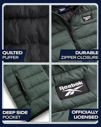 Reebok erkaklar kurtkasi – Yengil kapüşonli kaplama puffer palto – Erkaklar uchun iliq izolyatsiyalangan qishki kurtka (S-4X) - 3