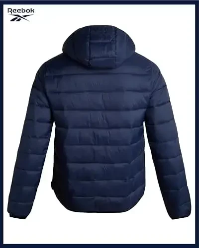 Reebok erkaklar kurtkasi – Yengil kapüşonli tikilgan puffer palto – Erkaklar uchun iliq izolyatsiyalangan qishki kurtka (S-4X) - 6