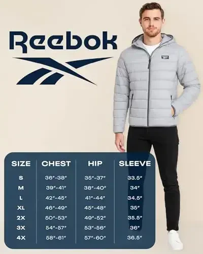 Reebok erkaklar kurtkasi – Yengil kaputli kaplama puffer palto – Erkaklar uchun issiq izolyatsiyalangan qishki kurtka (S-4X) - 7