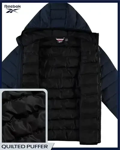 Reebok erkaklar puffer kurtkasi - Ob-havoga chidamli yengil kaplamali issiq kapyushonli erkaklar qishki paltolari - Erkaklar uchun izolyatsiya qilingan kurtkalar - 4