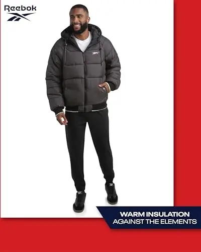 Reebok erkaklar puffer kurtkasi - Og'ir vaznli ob-havoga chidamli tikilgan puffer palto qovurg'a манжет - Erkaklar uchun chang'i kurtkalari (o'lchamlari: M-XXL) - 5