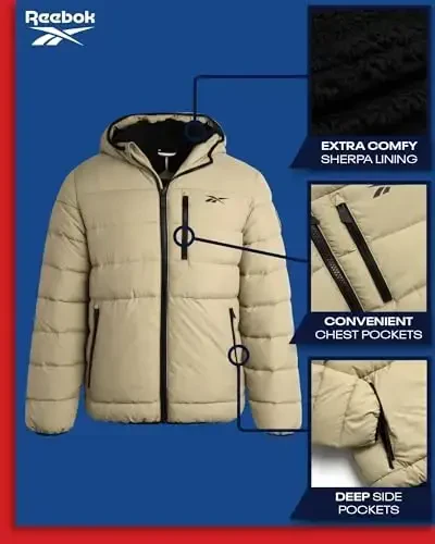 Reebok erkaklar qishki kurtkasi - Og'ir vaznli kapitone puffer Parka palto - Erkaklar uchun chang'i kurtkasi, Sherpa astarli капюшон (S-XL) - 2