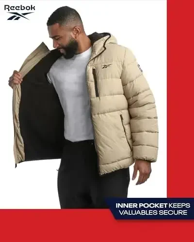Reebok erkaklar qishki kurtkasi - Og'ir vaznli kapitone puffer Parka palto - Erkaklar uchun chang'i kurtkasi, Sherpa astarli капюшон (S-XL) - 3