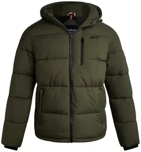 Reebok Mens Jacket - Weather Resistant Winter Jackets for Men Quilted Warm Coat Puffer Jacket with Hood and Pockets 