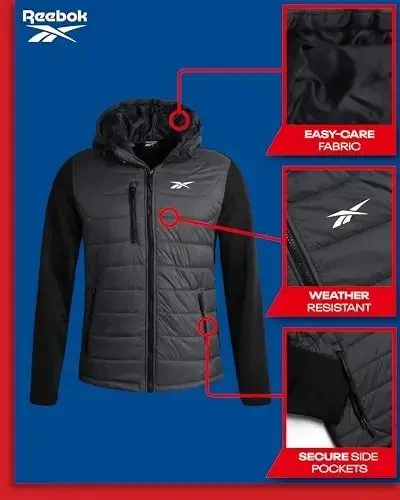 Reebok Men's Jacket - Warm Insulated Quilted Puffer Jacket with Sweater Fleece Sleeves - Hooded Outdoor Jacket for Men (M-XL) - 3