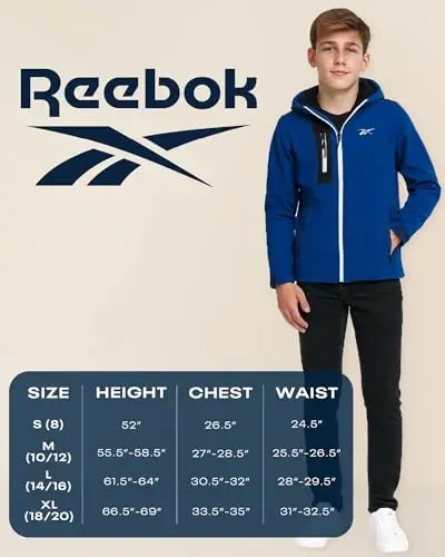 Reebok Boys Softshell Jacket - Polar Fleece Lined Wind & Water Resistant Hooded Winter Coat - Casual Outerwear for Boys - 7