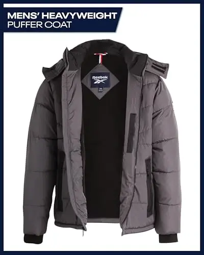 Reebok Mens Winter Jacket - Thick Heavyweight Ski Winter Coat - Warm Insulated Quilted Hooded Puffer Coat for Men - 3