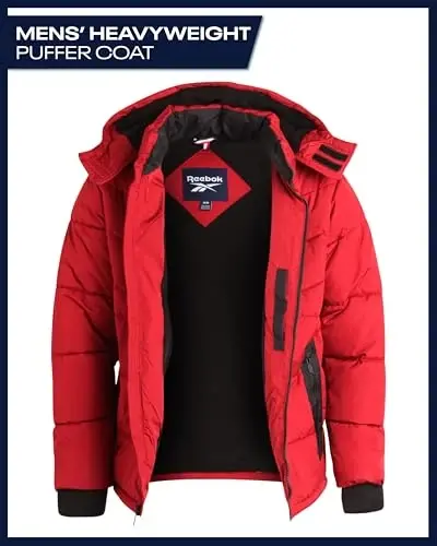 Reebok Mens Winter Jacket - Thick Heavyweight Ski Winter Coat - Warm Insulated Quilted Hooded Puffer Coat for Men - 3