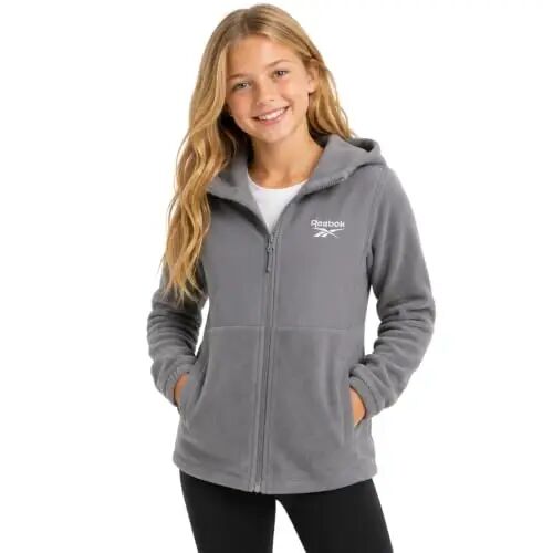 Reebok Girls Fleece Jacket - Weather-Resistant Lightweight Zip-Up Jacket | Soft Brushed Lining Feels Cozy Against Skin, Easy Full Closure, Breathable Layer for School, Play and Cool Outings - Reebok
