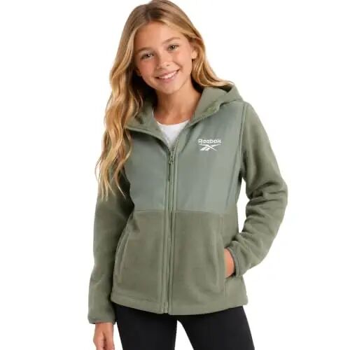 Reebok Girls Fleece Jacket - Weather-Resistant Lightweight Zip-Up Jacket | Soft Brushed Lining Feels Cozy Against Skin, Easy Full Closure, Breathable Layer for School, Play and Cool Outings - Reebok