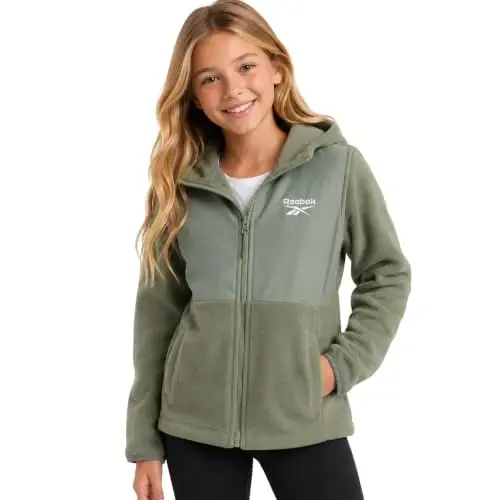 Reebok Girls Fleece Jacket - Weather-Resistant Lightweight Zip-Up Jacket | Soft Brushed Lining Feels Cozy Against Skin, Easy Full Closure, Breathable Layer for School, Play and Cool Outings - 1
