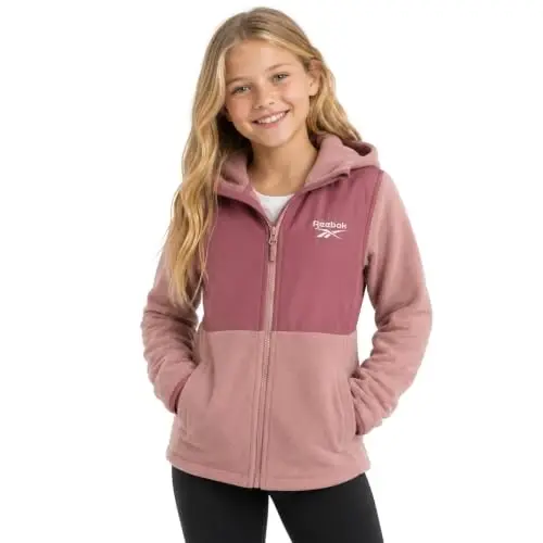 Reebok Girls Fleece Jacket - Weather-Resistant Lightweight Zip-Up Jacket | Soft Brushed Lining Feels Cozy Against Skin, Easy Full Closure, Breathable Layer for School, Play and Cool Outings - 1