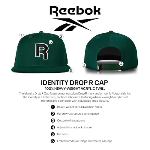 Reebok Identity Vector Hat, Adjustable Snapback Closure, Flat Brim, Heavyweight Acrylic Cap - 6