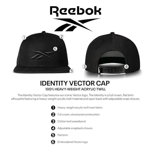Reebok Identity Vector Hat, Adjustable Snapback Closure, Flat Brim, Heavyweight Acrylic Cap - 6