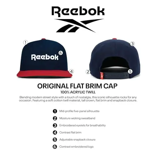 Reebok Identity Vector Hat, Adjustable Snapback Closure, Flat Brim, Heavyweight Acrylic Cap - 7