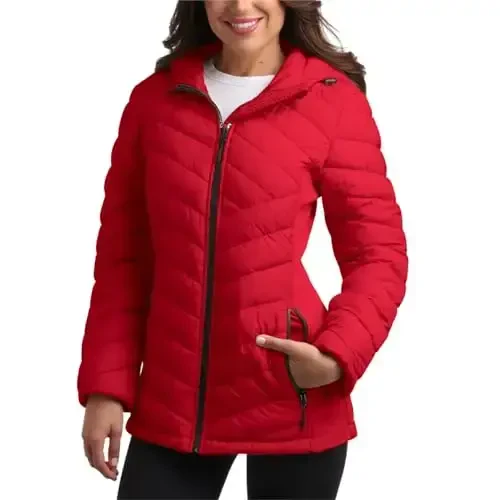 Reebok Womens Puffer Jacket - Lightweight Quilted Snow Glacier Shield Full Zip Winter Coat for Women with Hood & Zip Pockets 