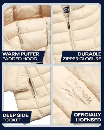 Reebok Womens Puffer Jacket - Lightweight Quilted Snow Glacier Shield Zip Up Bubble Winter Coat for Women with Hood & Pockets - 2