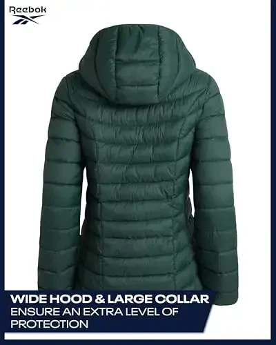 Reebok Womens Puffer Jacket - Lightweight Packable Snow Glacier Shield Quilted Winter Coat for Women with Hood & Zip Pockets - 6