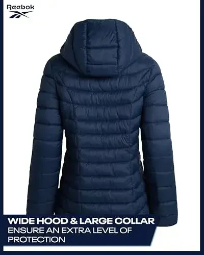 Reebok Womens Puffer Jacket - Lightweight Quilted Snow Glacier Shield Zip Up Bubble Winter Coat for Women with Hood & Pockets - 6