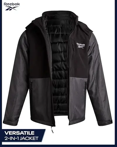 Reebok Mens 3-in-1 Softshell Ski Jacket with Removable Puffer Liner | Weather-Resistant Shell Blocks Wind, Rain and Snow, Zippered Pockets, Versatile from Alpine Trails to City Streets - 6