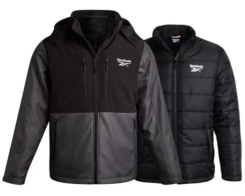 Reebok Mens 3-in-1 Softshell Ski Jacket with Removable Puffer Liner | Weather-Resistant Shell Blocks Wind, Rain and Snow, Zippered Pockets, Versatile from Alpine Trails to City Streets - Reebok