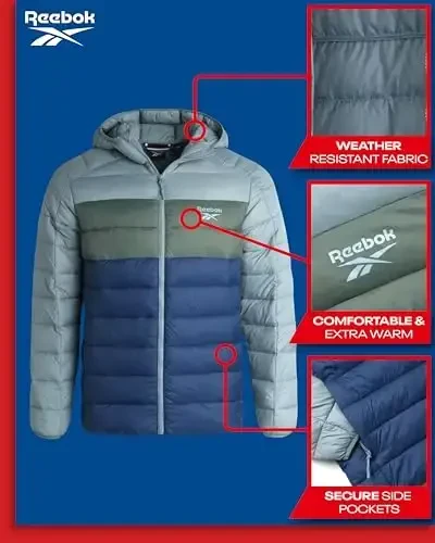 Reebok Mens Jacket - Lightweight Hooded Quilted Puffer Coat - Warm Insulated Winter Jacket for Men (S-4X) - 2