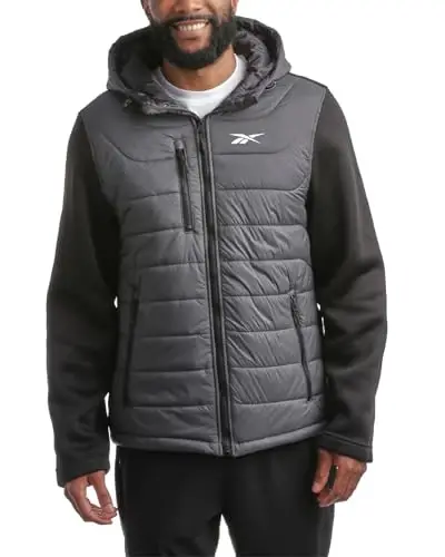 Reebok Men's Jacket - Warm Insulated Quilted Puffer Jacket with Sweater Fleece Sleeves - Hooded Outdoor Jacket for Men (M-XL) 