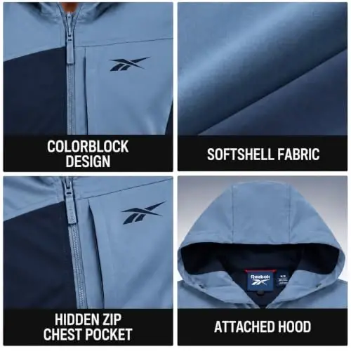 Reebok Mens Lightweight Fleece-Lined Softshell Jacket, Wind Resistant Hood | Wind and Water Resistant Shell for Daily Commutes or Travel, Streamlined Athletic Cut, Protective Collar for Chilly Mornings - 6