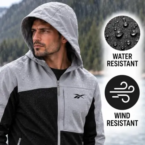 Reebok Mens Lightweight Fleece-Lined Softshell Jacket, Wind Resistant Hood | Wind and Water Resistant Shell for Daily Commutes or Travel, Streamlined Athletic Cut, Protective Collar for Chilly Mornings - 4