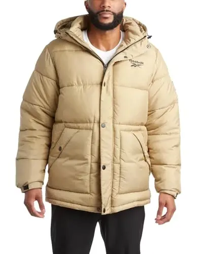 Reebok Mens Puffer Jacket - Heavyweight Quilted Mens Jacket with Hood - Weather Resistant Parka Winter Jackets for Men 