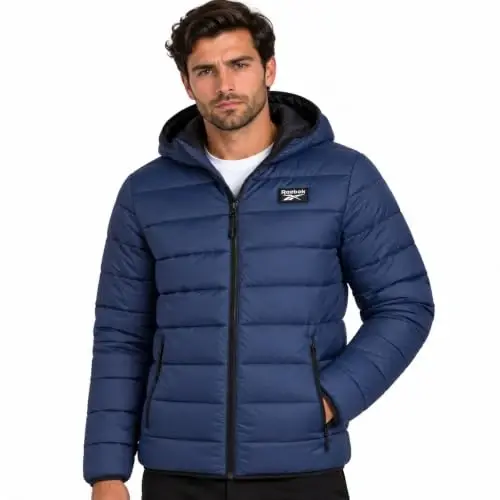 Reebok Mens Puffer Jacket Lightweight Hooded and Packable, Plus Size 2X-5X | Lightweight Soft-Touch Insulation with a Wind- and Water-Resistant Quilted Nylon Shell, Bound Hood and Zippered Pockets - 1
