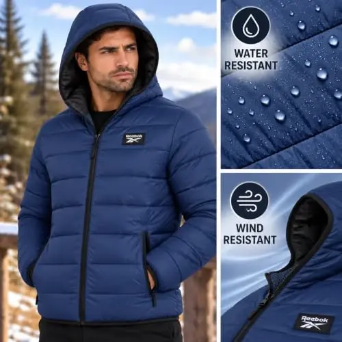 Reebok Mens Puffer Jacket Lightweight Hooded and Packable, Plus Size 2X-5X | Lightweight Soft-Touch Insulation with a Wind- and Water-Resistant Quilted Nylon Shell, Bound Hood and Zippered Pockets - 4