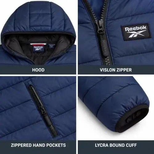 Reebok Mens Puffer Jacket Lightweight Hooded and Packable, Plus Size 2X-5X | Lightweight Soft-Touch Insulation with a Wind- and Water-Resistant Quilted Nylon Shell, Bound Hood and Zippered Pockets - 6