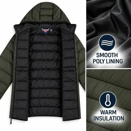 Reebok Mens Puffer Jacket Lightweight Hooded and Packable, Plus Size 2X-5X | Lightweight Soft-Touch Insulation with a Wind- and Water-Resistant Quilted Nylon Shell, Bound Hood and Zippered Pockets - 5